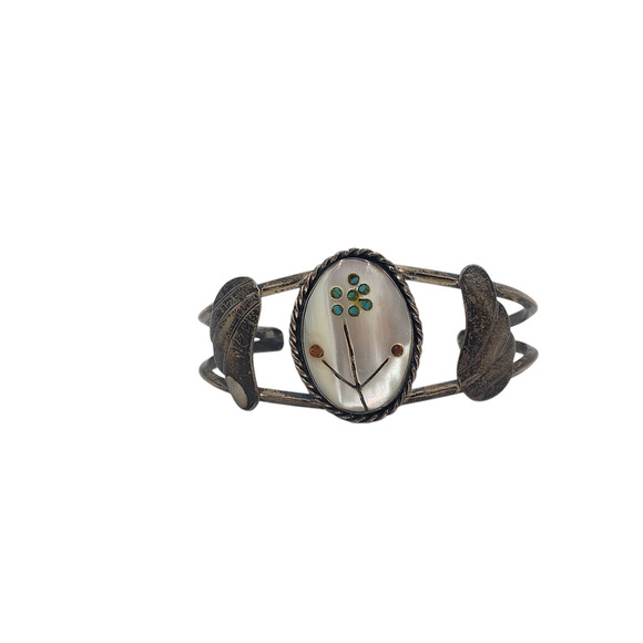 Zuni Jewelry Sterling Cuff Bracelet Coral Turquoise MOP 17g Native American 6" - Picture 12 of 16